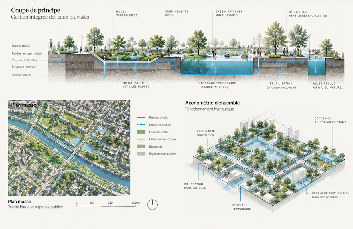 Planche de représentation d'un projet urbain intégrant la gestion de l'eau, une coupe de principe, un plan masse et une axonométrie.